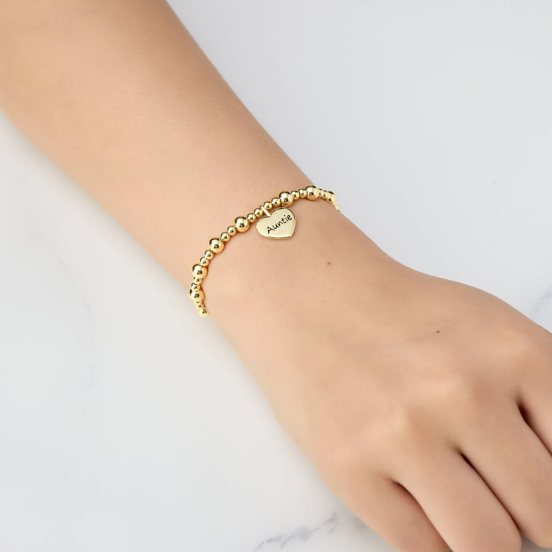 Gold Plated Auntie Heart Charm Beaded Stretch Bracelet - Philip Jones Jewellery