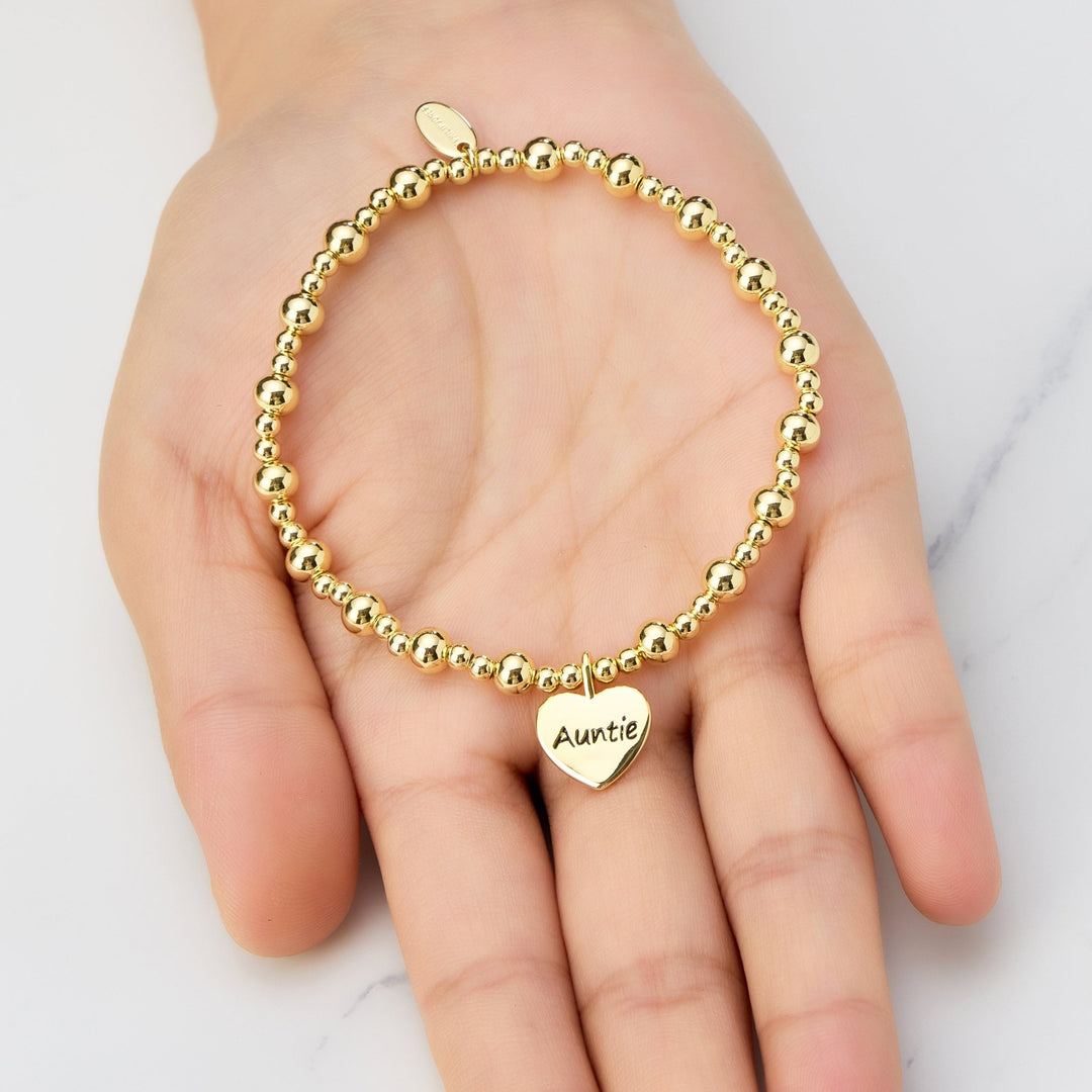 Gold Plated Auntie Heart Charm Beaded Stretch Bracelet - Philip Jones Jewellery
