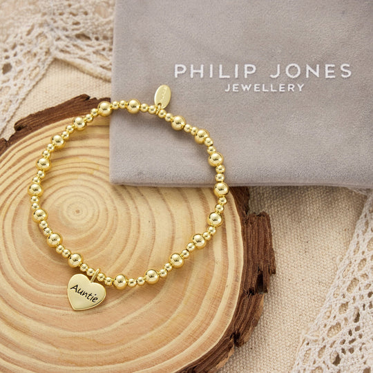 Gold Plated Auntie Heart Charm Beaded Stretch Bracelet - Philip Jones Jewellery
