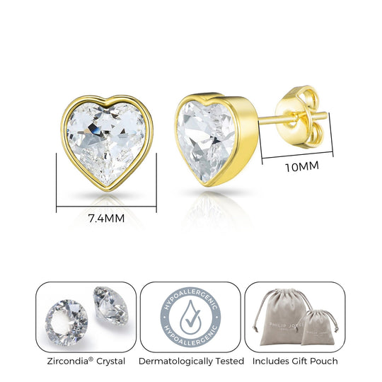 Gold Plated Bezel set Heart Earrings Created with Zircondia® Crystals - Philip Jones Jewellery