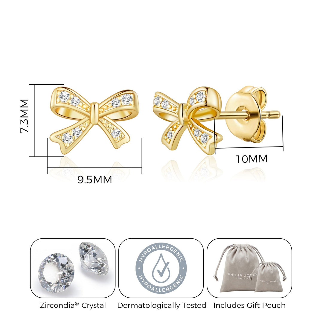 Gold Plated Bow Earrings Created with Zircondia® Crystals - Philip Jones Jewellery