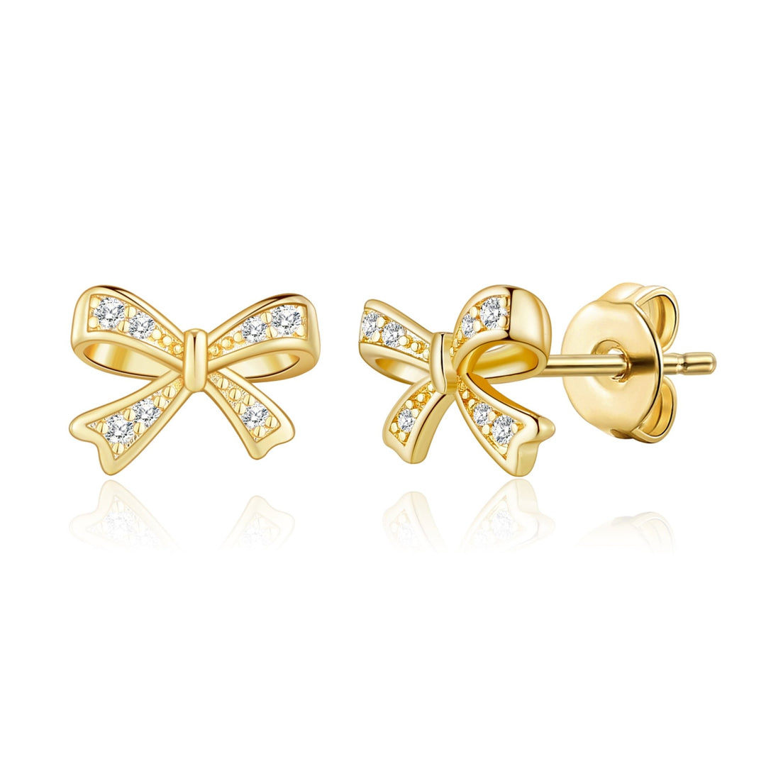Gold Plated Bow Earrings Created with Zircondia® Crystals - Philip Jones Jewellery