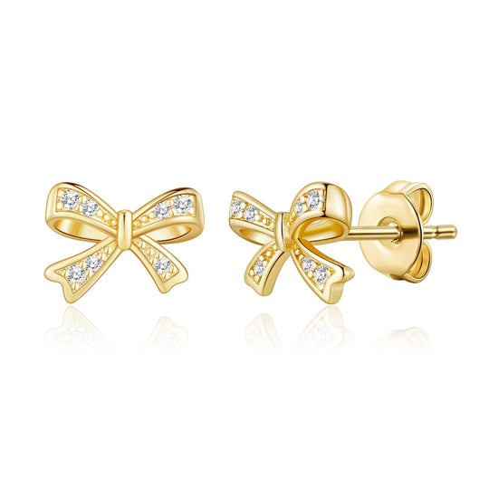 Gold Plated Bow Earrings Created with Zircondia® Crystals - Philip Jones Jewellery