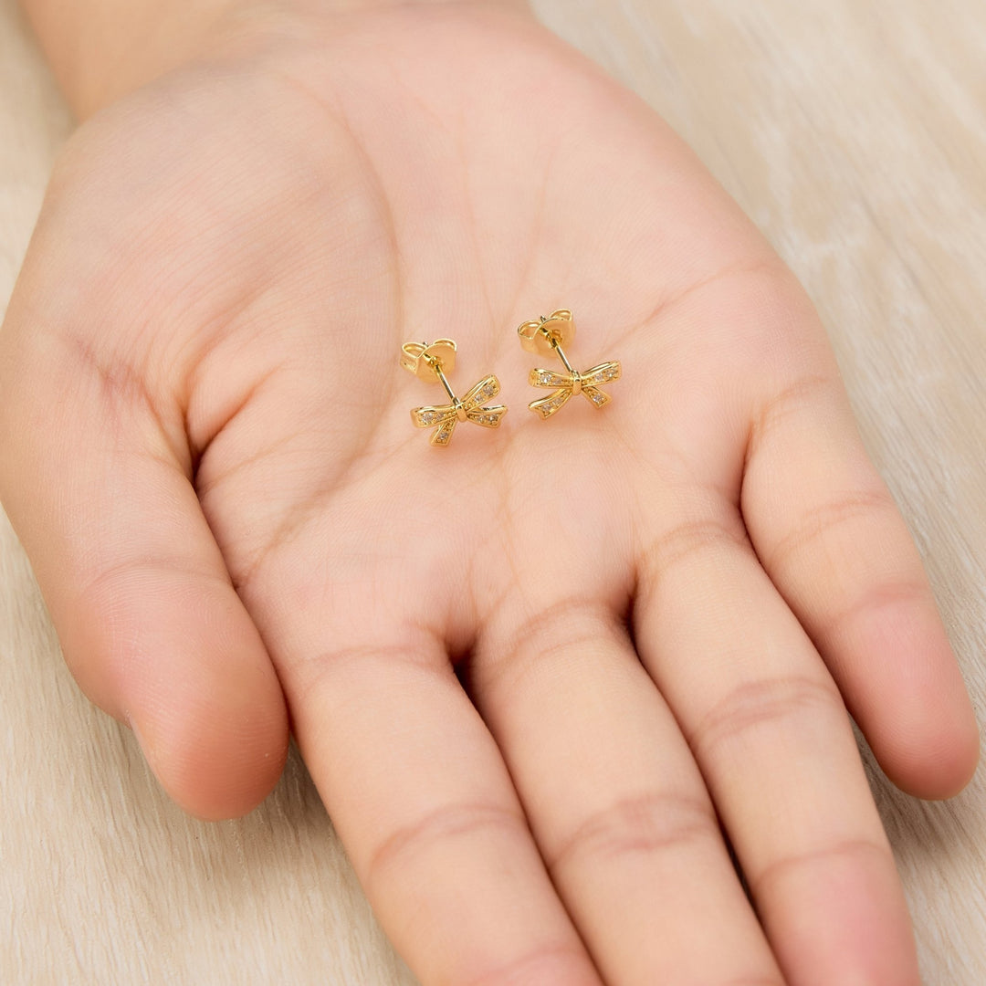 Gold Plated Bow Earrings Created with Zircondia® Crystals - Philip Jones Jewellery
