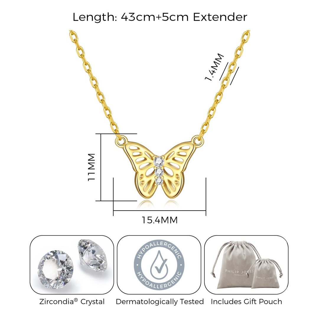 Gold Plated Butterfly Necklace Created with Zircondia® Crystals - Philip Jones Jewellery