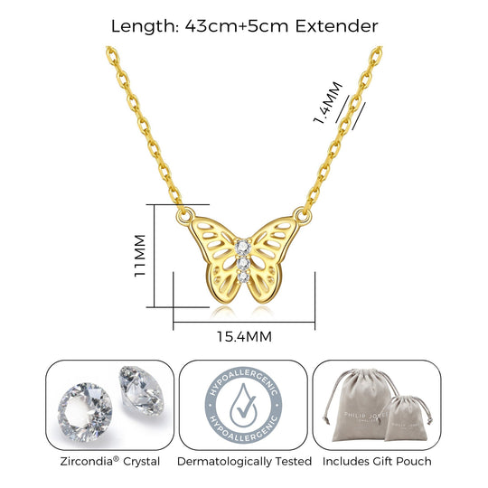 Gold Plated Butterfly Necklace Created with Zircondia® Crystals - Philip Jones Jewellery