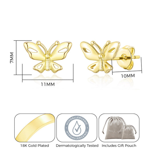 Gold Plated Butterfly Stud Earrings - Philip Jones Jewellery
