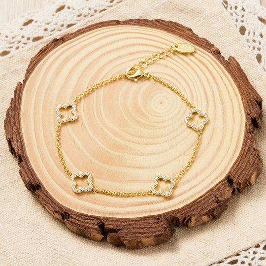 Gold Plated Clover Bracelet Created with Zircondia® Crystals - Philip Jones Jewellery