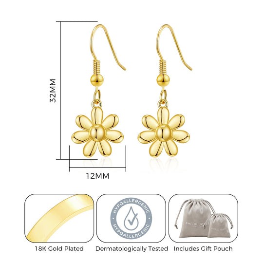 Gold Plated Daisy Drop Earrings - Philip Jones Jewellery