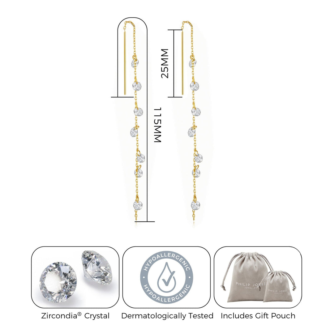 Gold Plated Dangle Thread Earrings Created with Zircondia® Crystals - Philip Jones Jewellery