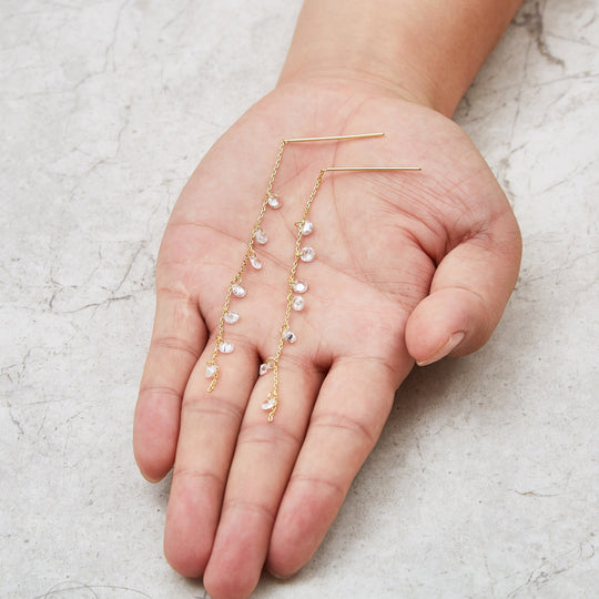 Gold Plated Dangle Thread Earrings Created with Zircondia® Crystals - Philip Jones Jewellery