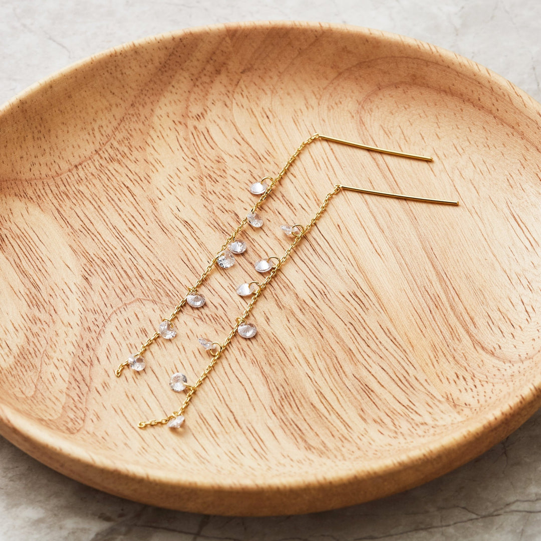 Gold Plated Dangle Thread Earrings Created with Zircondia® Crystals - Philip Jones Jewellery