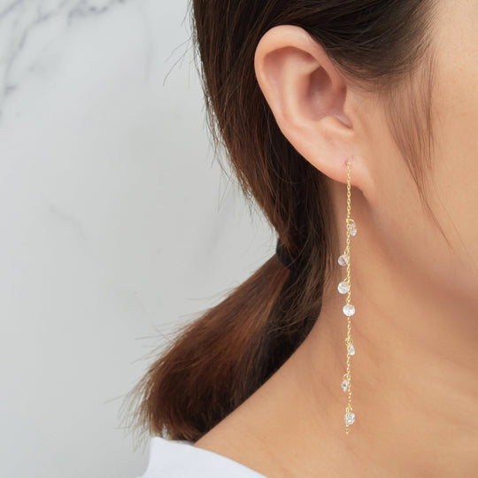 Gold Plated Dangle Thread Earrings Created with Zircondia® Crystals - Philip Jones Jewellery