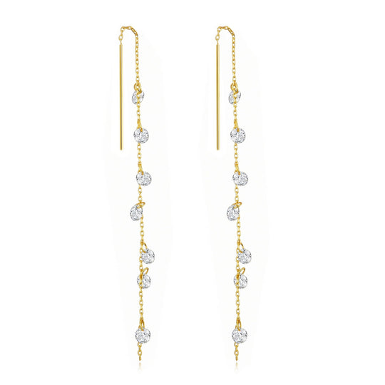Gold Plated Dangle Thread Earrings Created with Zircondia® Crystals - Philip Jones Jewellery