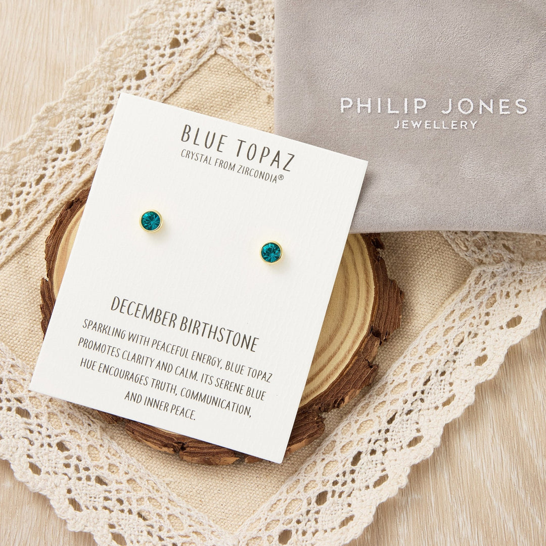 Gold Plated December (Blue Topaz) Birthstone Earrings Created with Zircondia® Crystals - Philip Jones Jewellery
