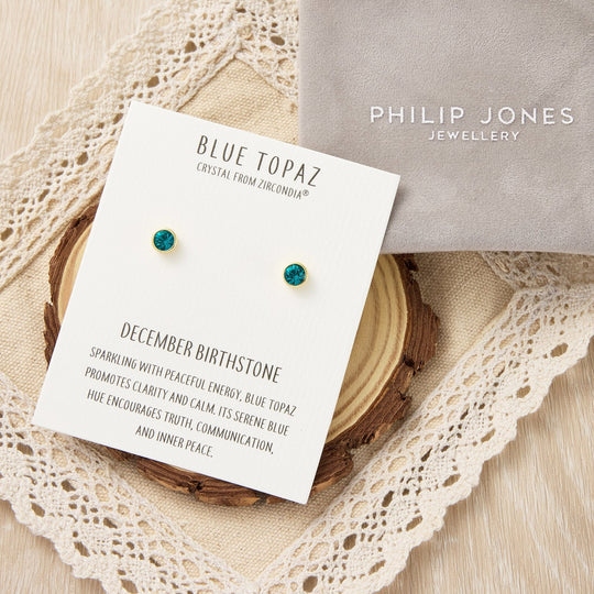 Gold Plated December (Blue Topaz) Birthstone Earrings Created with Zircondia® Crystals - Philip Jones Jewellery