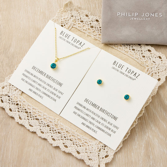 Gold Plated December (Blue Topaz) Birthstone Necklace & Earrings Set Created with Zircondia® Crystals - Philip Jones Jewellery