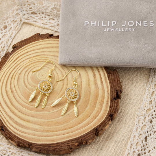 Gold Plated Dream Catcher Drop Earrings Created with Zircondia® Crystals - Philip Jones Jewellery