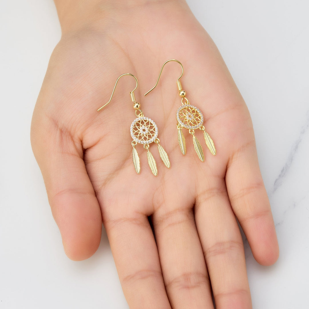 Gold Plated Dream Catcher Drop Earrings Created with Zircondia® Crystals - Philip Jones Jewellery