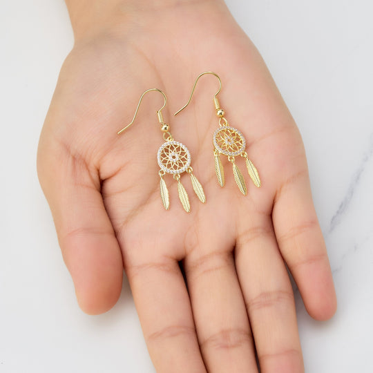 Gold Plated Dream Catcher Drop Earrings Created with Zircondia® Crystals - Philip Jones Jewellery