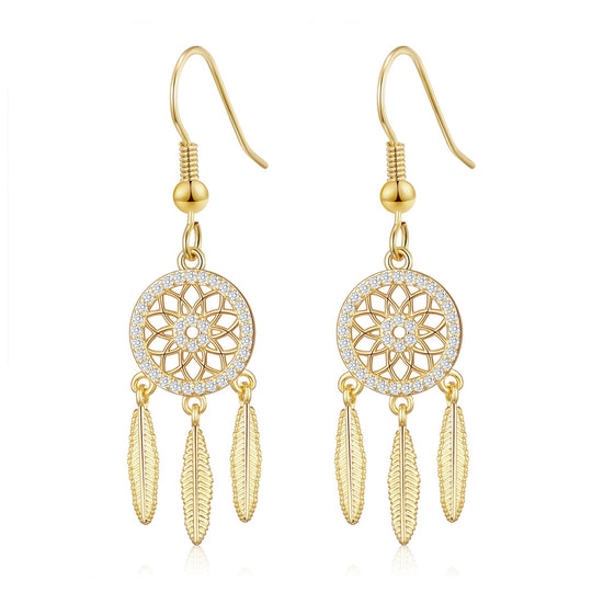 Gold Plated Dream Catcher Drop Earrings Created with Zircondia® Crystals - Philip Jones Jewellery