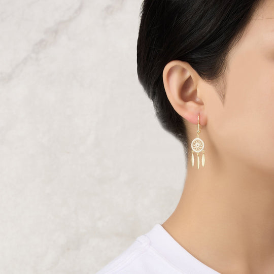 Gold Plated Dream Catcher Drop Earrings Created with Zircondia® Crystals - Philip Jones Jewellery