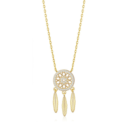 Gold Plated Dream Catcher Necklace Created with Zircondia® Crystals - Philip Jones Jewellery