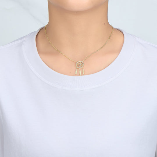 Gold Plated Dream Catcher Necklace Created with Zircondia® Crystals - Philip Jones Jewellery