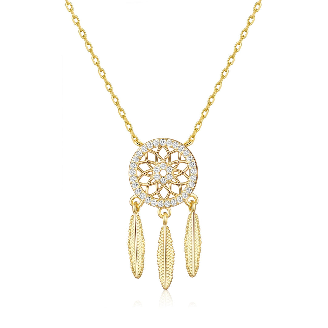 Gold Plated Dream Catcher Necklace Created with Zircondia® Crystals - Philip Jones Jewellery