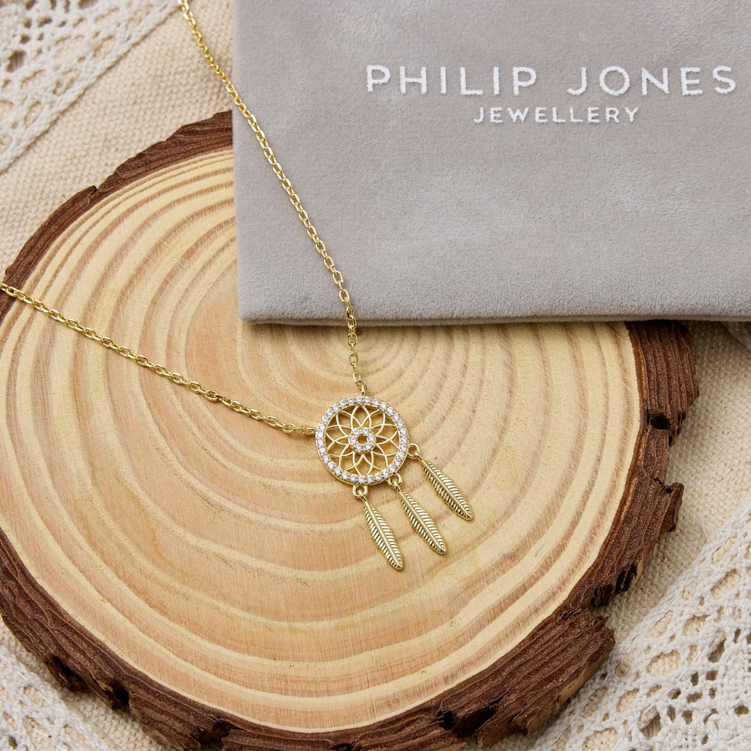 Gold Plated Dream Catcher Necklace Created with Zircondia® Crystals - Philip Jones Jewellery