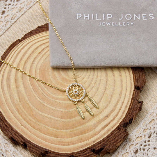 Gold Plated Dream Catcher Necklace Created with Zircondia® Crystals - Philip Jones Jewellery
