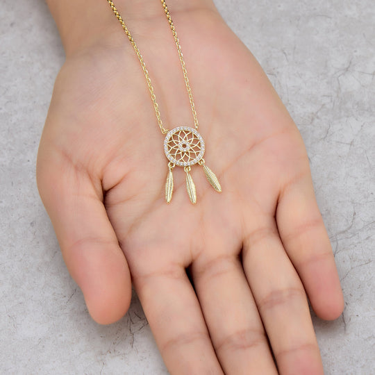 Gold Plated Dream Catcher Necklace Created with Zircondia® Crystals - Philip Jones Jewellery