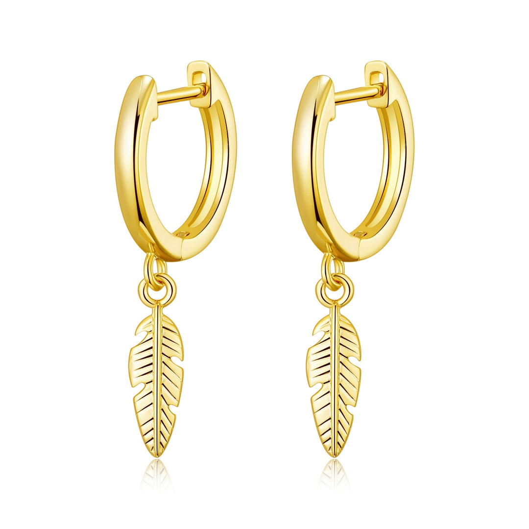 Gold Plated Feather Charm Hoop Earrings - Philip Jones Jewellery