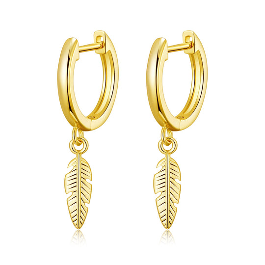 Gold Plated Feather Charm Hoop Earrings - Philip Jones Jewellery