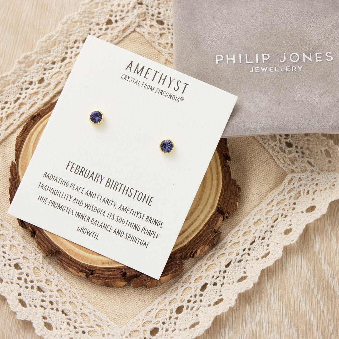 Gold Plated February (Amethyst) Birthstone Earrings Created with Zircondia® Crystals - Philip Jones Jewellery