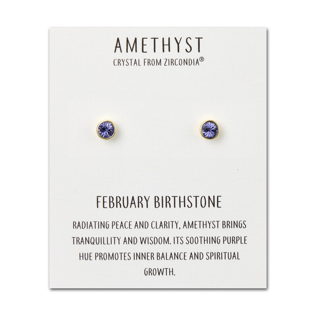 Gold Plated February (Amethyst) Birthstone Earrings Created with Zircondia® Crystals - Philip Jones Jewellery