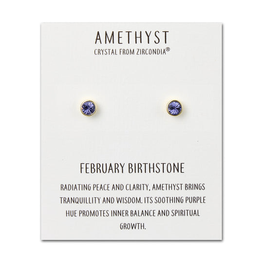 Gold Plated February (Amethyst) Birthstone Earrings Created with Zircondia® Crystals - Philip Jones Jewellery