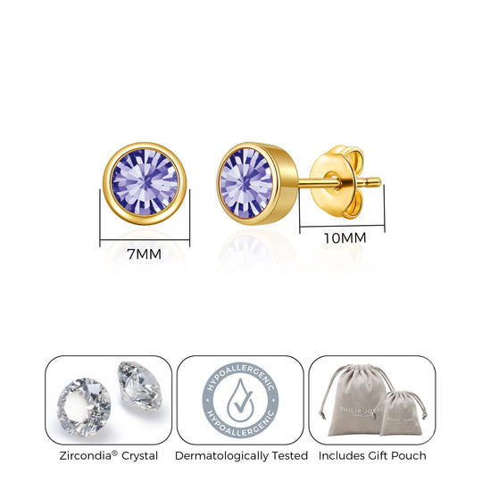 Gold Plated February (Amethyst) Birthstone Earrings Created with Zircondia® Crystals - Philip Jones Jewellery