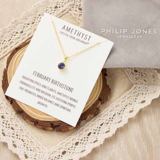 Gold Plated February (Amethyst) Birthstone Necklace Created with Zircondia® Crystals - Philip Jones Jewellery