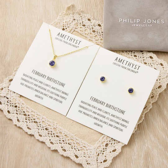 Gold Plated February (Amethyst) Birthstone Necklace & Earrings Set Created with Zircondia® Crystals - Philip Jones Jewellery