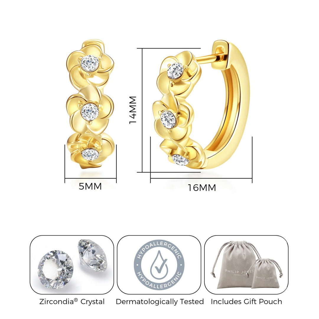 Gold Plated Flower Hoop Earrings Created with Zircondia® Crystals - Philip Jones Jewellery
