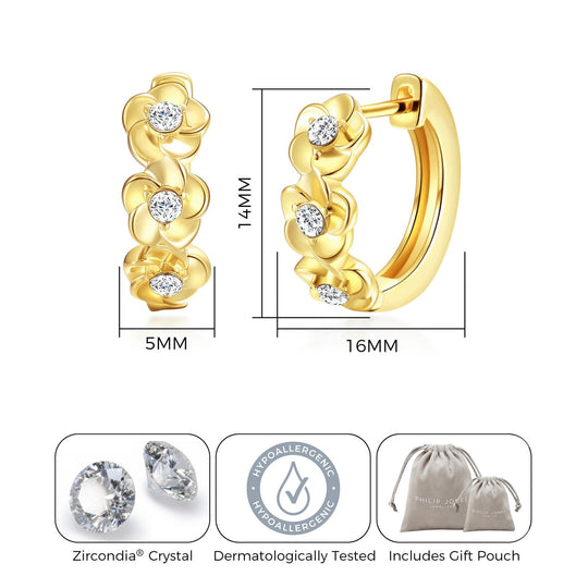 Gold Plated Flower Hoop Earrings Created with Zircondia® Crystals - Philip Jones Jewellery