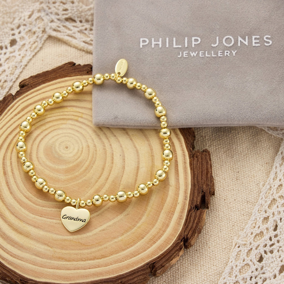 Gold Plated Grandma Heart Charm Beaded Stretch Bracelet - Philip Jones Jewellery