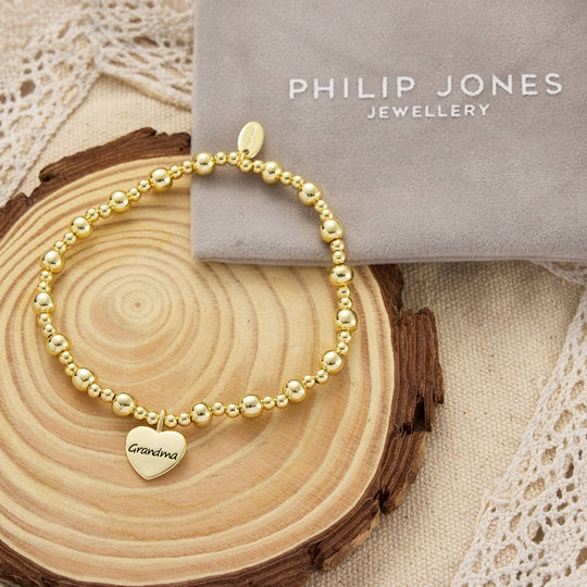 Gold Plated Grandma Heart Charm Beaded Stretch Bracelet - Philip Jones Jewellery