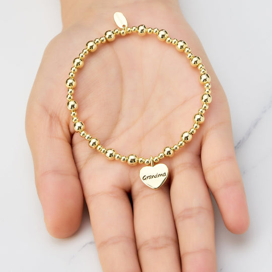 Gold Plated Grandma Heart Charm Beaded Stretch Bracelet - Philip Jones Jewellery