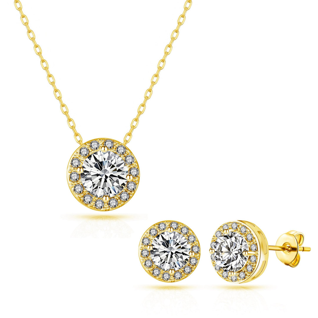 Gold Plated Halo Set Created with Zircondia® Crystals - Philip Jones Jewellery