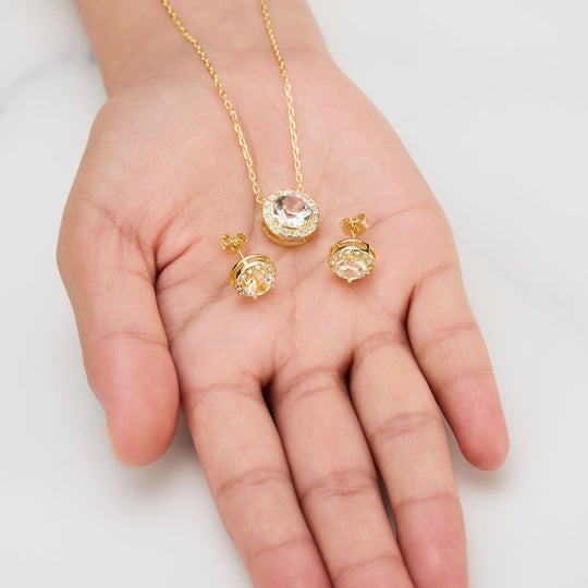 Gold Plated Halo Set Created with Zircondia® Crystals - Philip Jones Jewellery