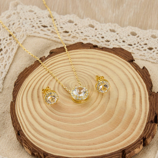 Gold Plated Halo Set Created with Zircondia® Crystals - Philip Jones Jewellery