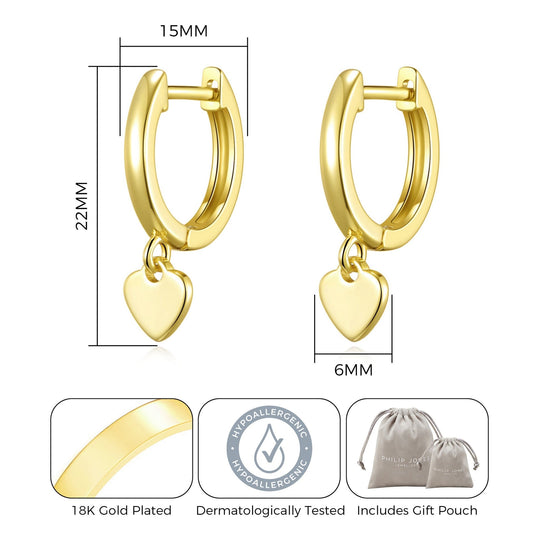 Gold Plated Heart Charm Hoop Earrings - Philip Jones Jewellery