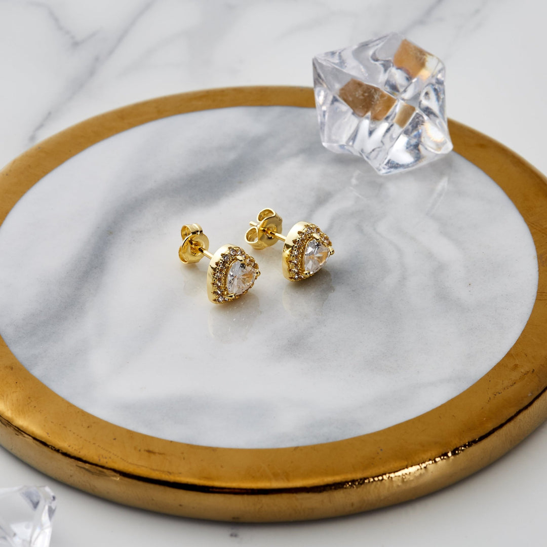 Gold Plated Heart Halo Earrings Created with Zircondia® Crystals - Philip Jones Jewellery